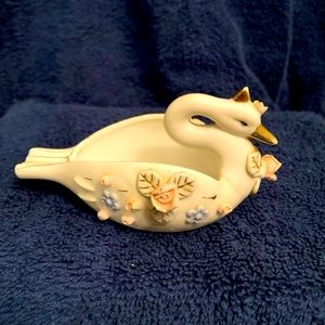 Vintage Swan figurine with roses accents ashtray trinkets holder